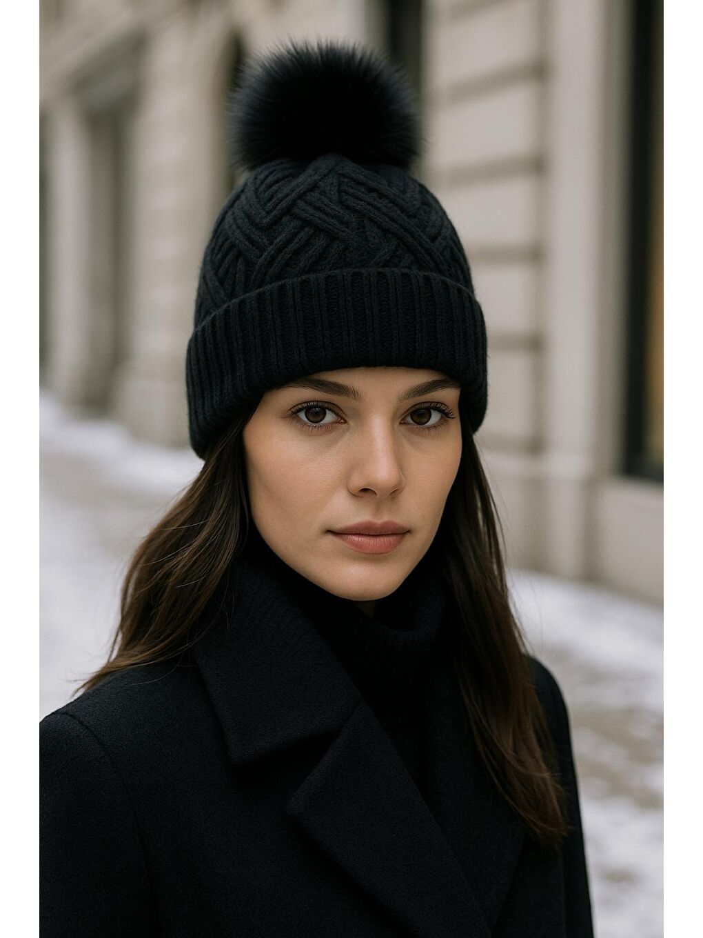 Siyah Içi Yünlü Ithal Triko Örgülü Bere Bere1140-2