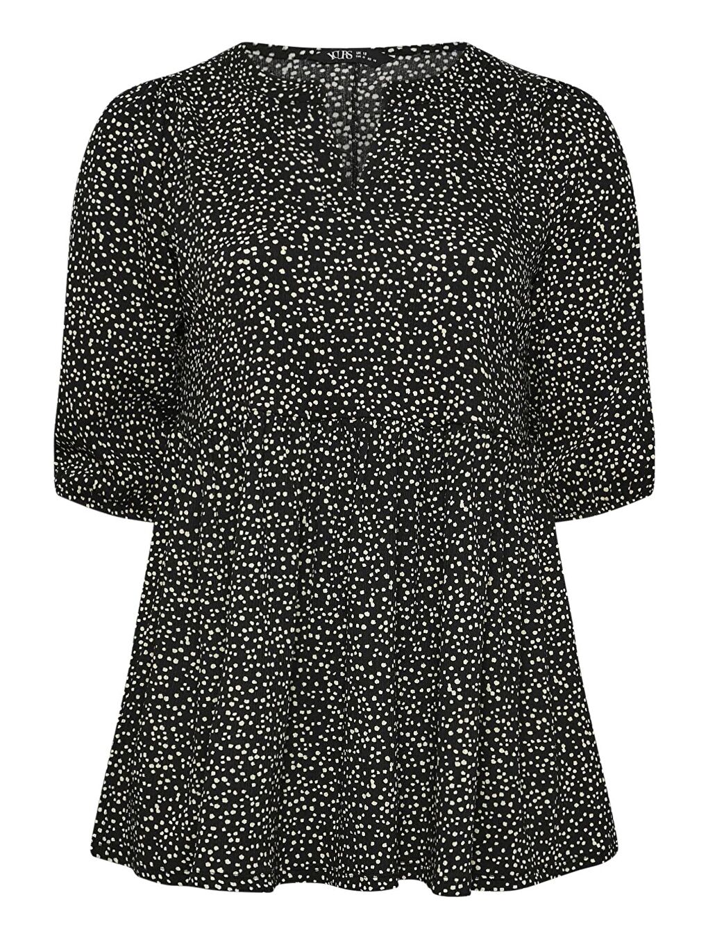 Siyah Büyük Beden V Yaka Yarım Kollu Bileği Lastikli Desenli Bluz 322213-5