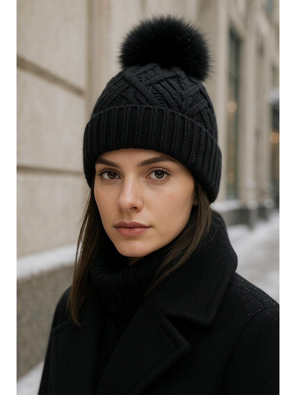 Siyah Içi Yünlü Ithal Triko Örgülü Bere Bere1140-3