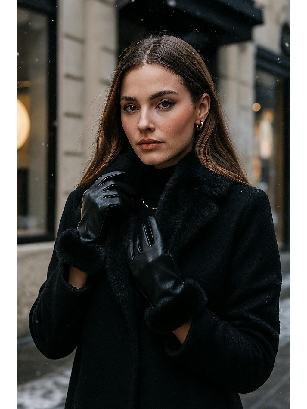 Kadın Deri Siyah Pelüş Detaylı Eldiven ELD20