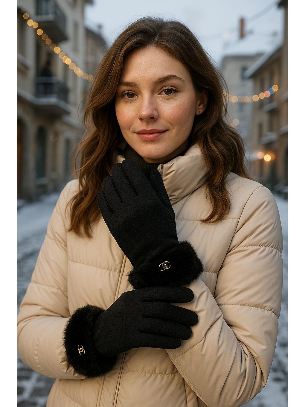 Kadın Bileği Kürklü Dokunmatik Siyah Eldiven ELD29-1