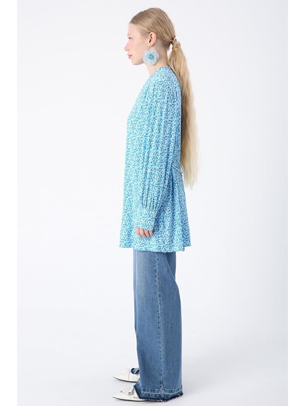 Mavi-Beyaz Desenli Biye Kemerli Rahat Piliseli Tunik-2