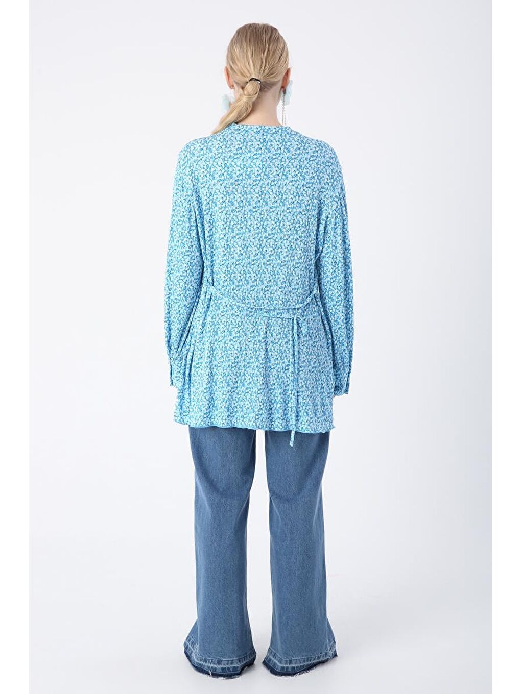 Mavi-Beyaz Desenli Biye Kemerli Rahat Piliseli Tunik-3