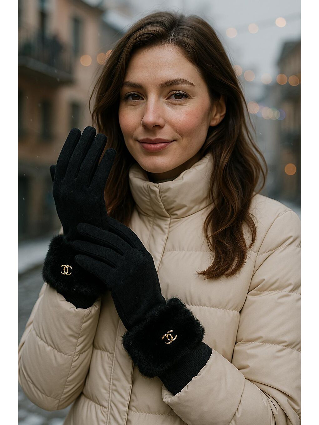 Kadın Bileği Kürklü Dokunmatik Siyah Eldiven ELD29-2