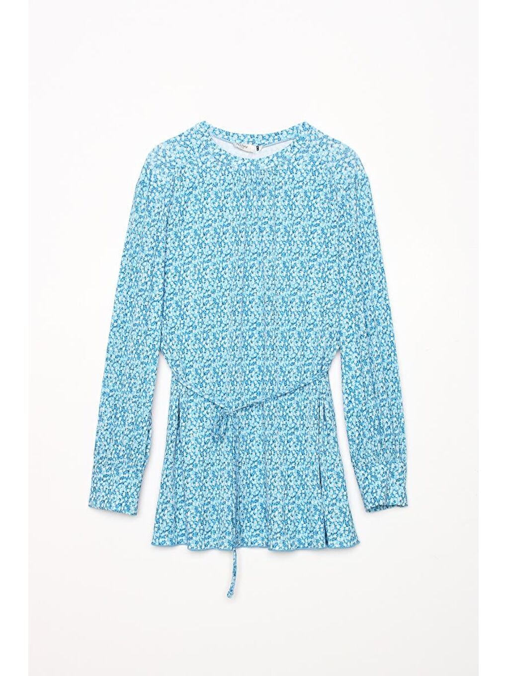 Mavi-Beyaz Desenli Biye Kemerli Rahat Piliseli Tunik-5