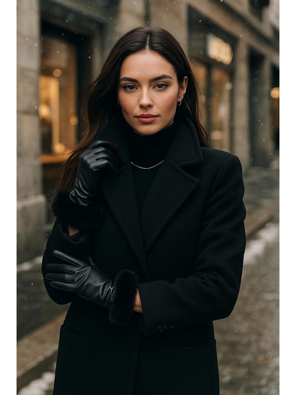 Kadın Deri Siyah Pelüş Detaylı Eldiven ELD20-1