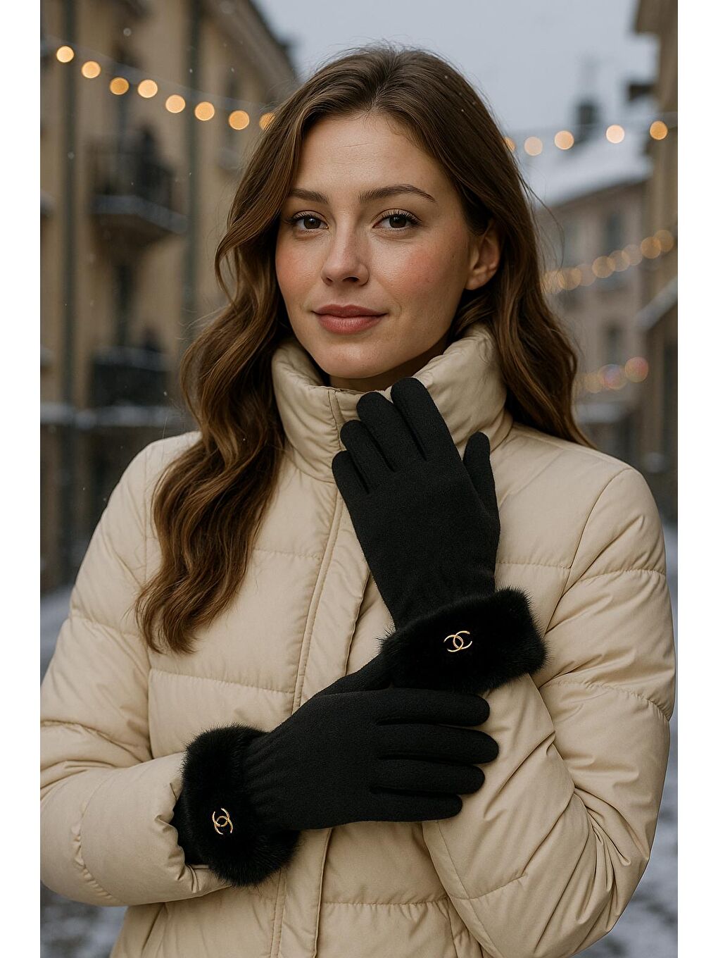 Kadın Bileği Kürklü Dokunmatik Siyah Eldiven ELD29-3