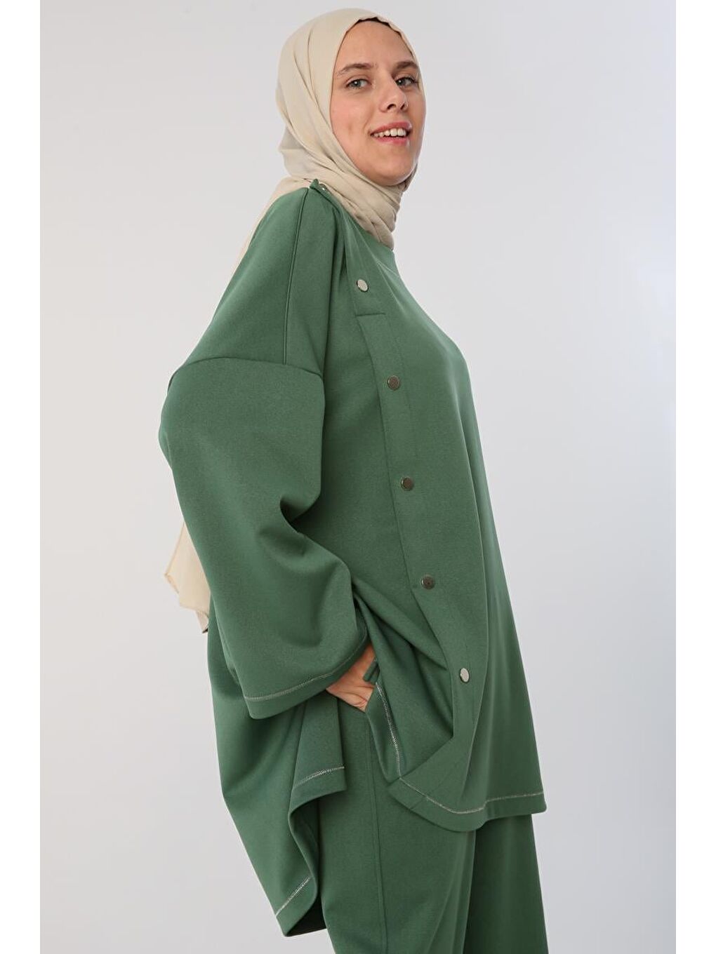 Yeşil Sim Dikişli Çıtçıtlı Oversize Tunik-1
