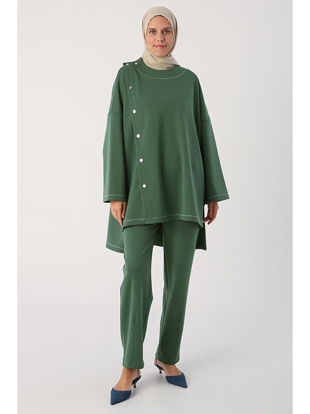 Yeşil Sim Dikişli Çıtçıtlı Oversize Tunik-3