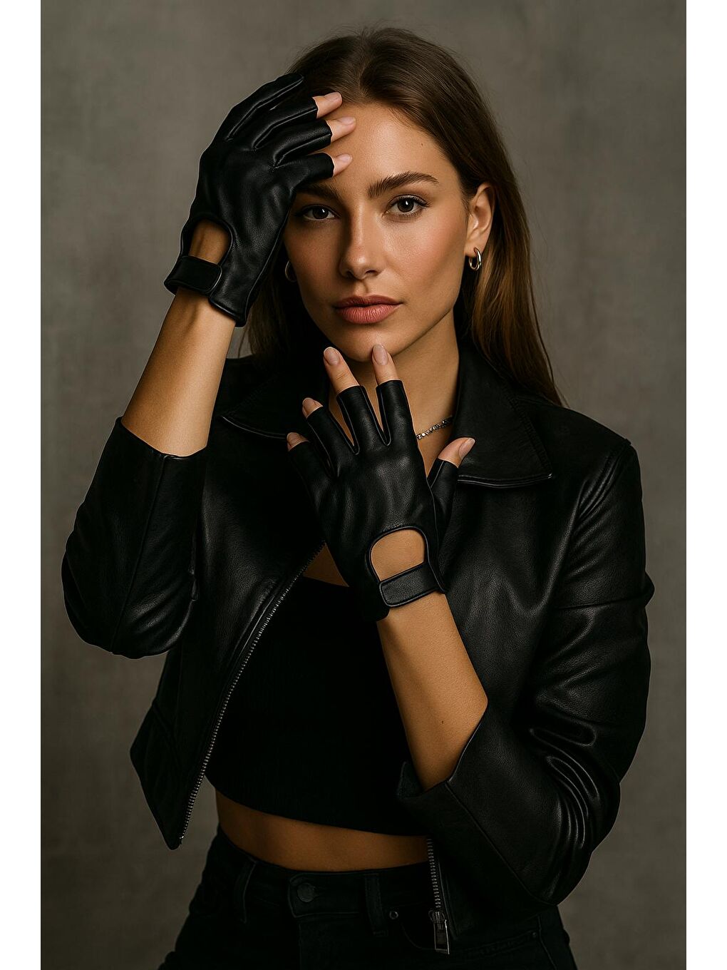 Siyah Kadın Deri Kesik Yarım Parmaklı Cırt Detaylı Eldiven Eld22