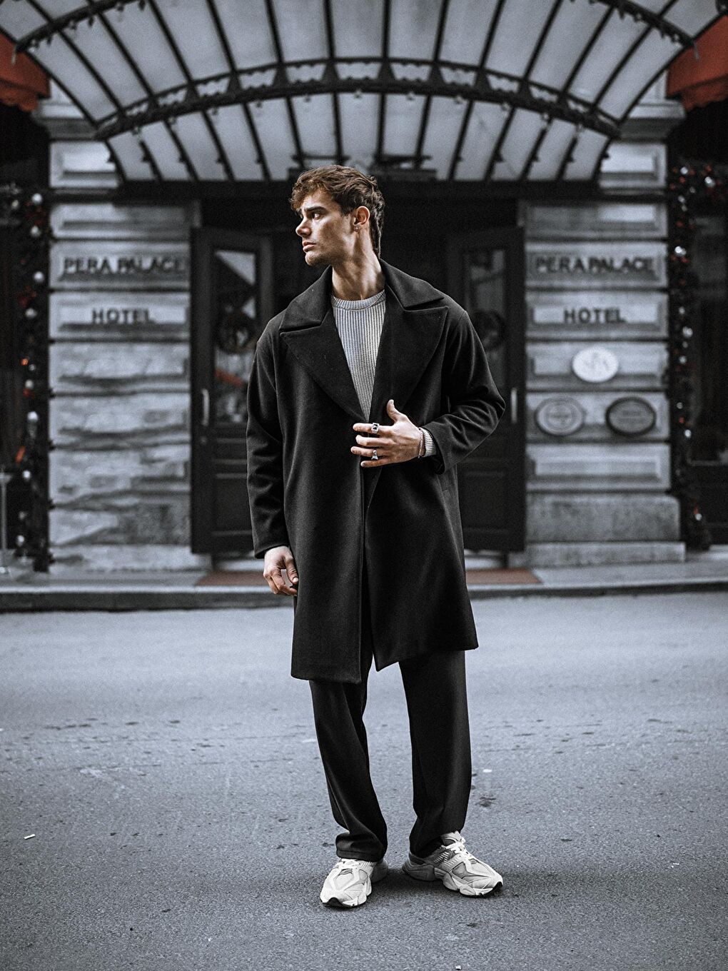 Oversize Rahat Kesim Uzun Erkek Kaşe Kaban Palto Siyah-1