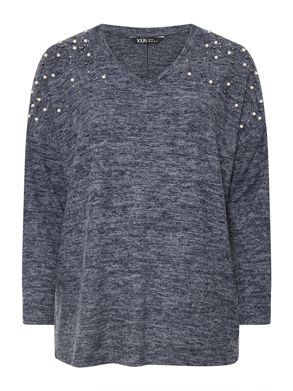 Lacivert Büyük Beden V Yaka Uzun Kollu Omzu Boncuk İşlemeli Kazak 322302-6