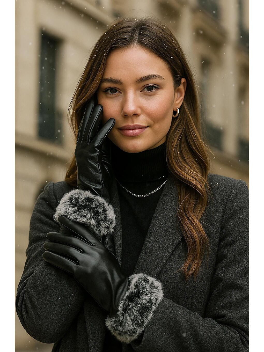 Kadın Siyah Pelüş Detaylı Deri Eldiven ELD19