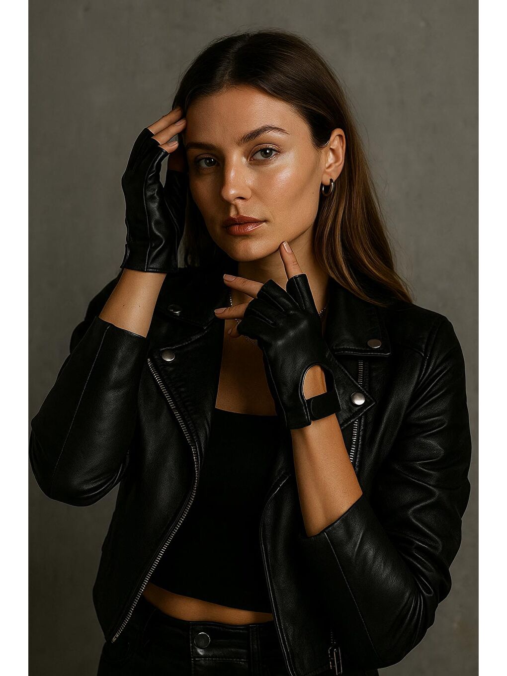 Siyah Kadın Deri Kesik Yarım Parmaklı Cırt Detaylı Eldiven Eld22-2