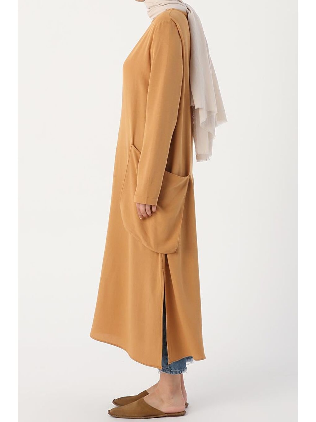 Sarı Hardal Yanları Cepli Salaş Keten Tunik-2