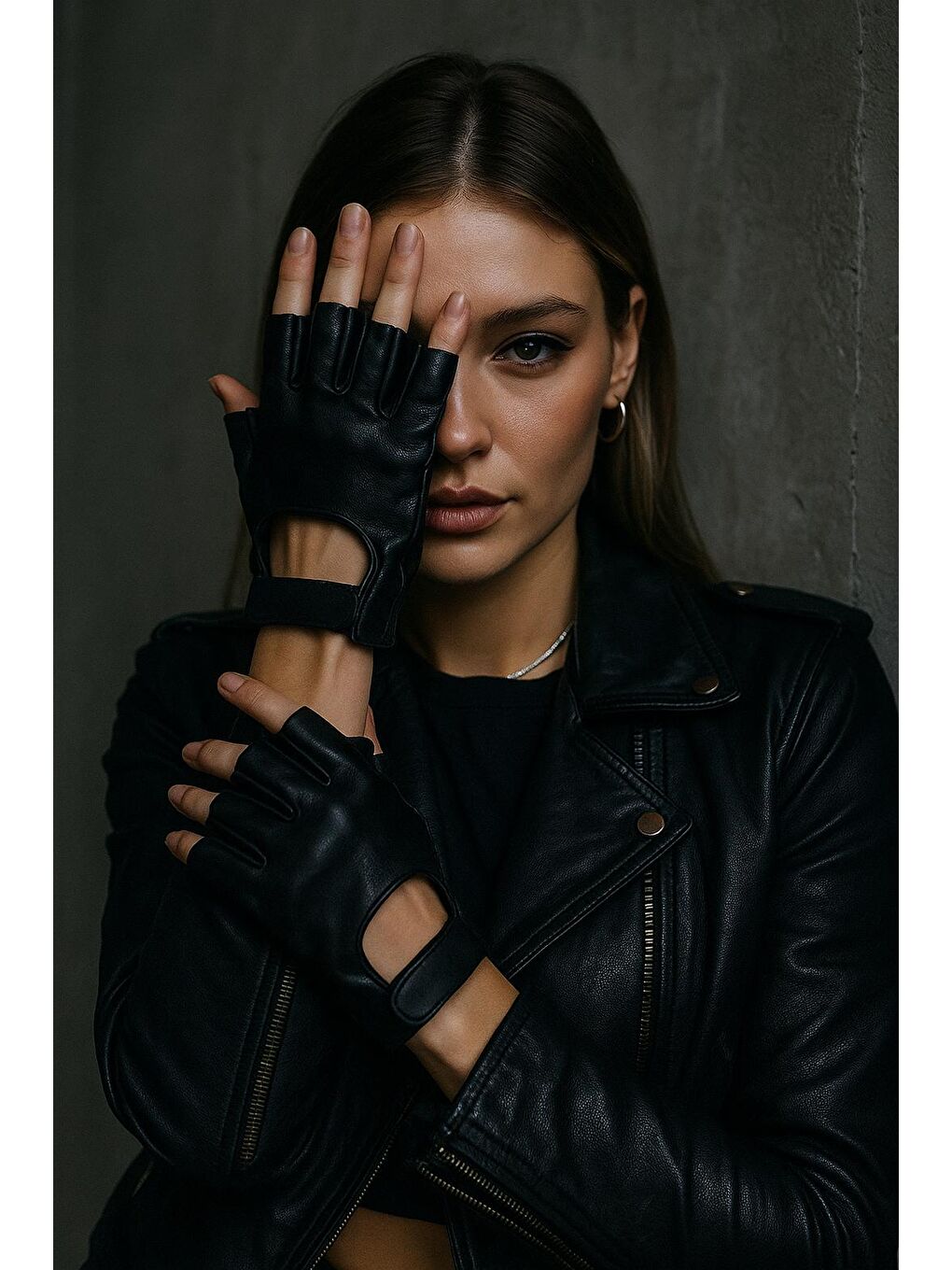 Siyah Kadın Deri Kesik Yarım Parmaklı Cırt Detaylı Eldiven Eld22-3