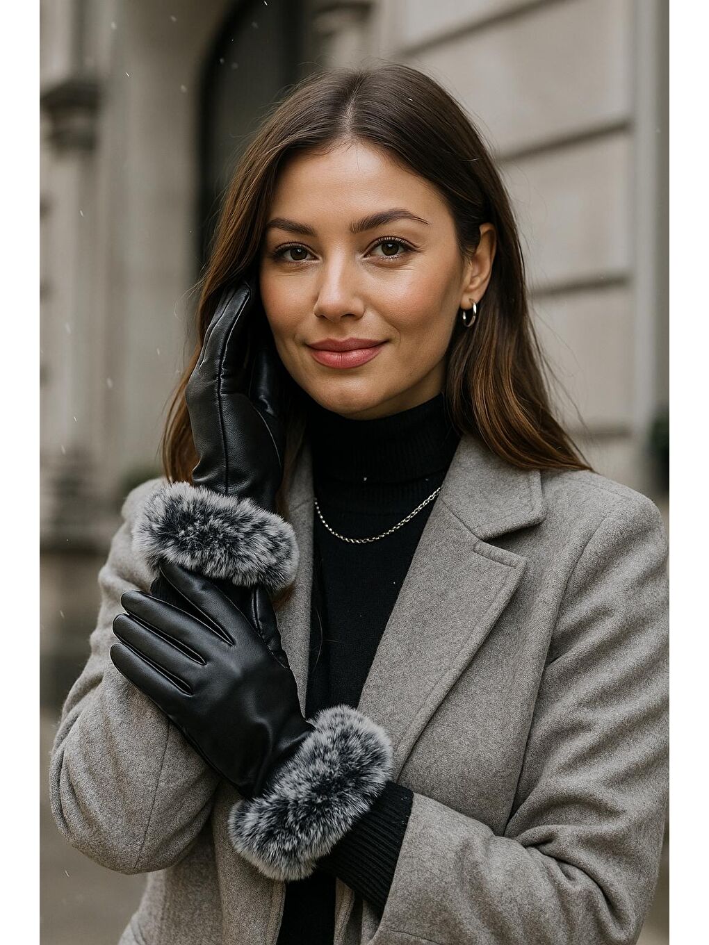 Kadın Siyah Pelüş Detaylı Deri Eldiven ELD19-1