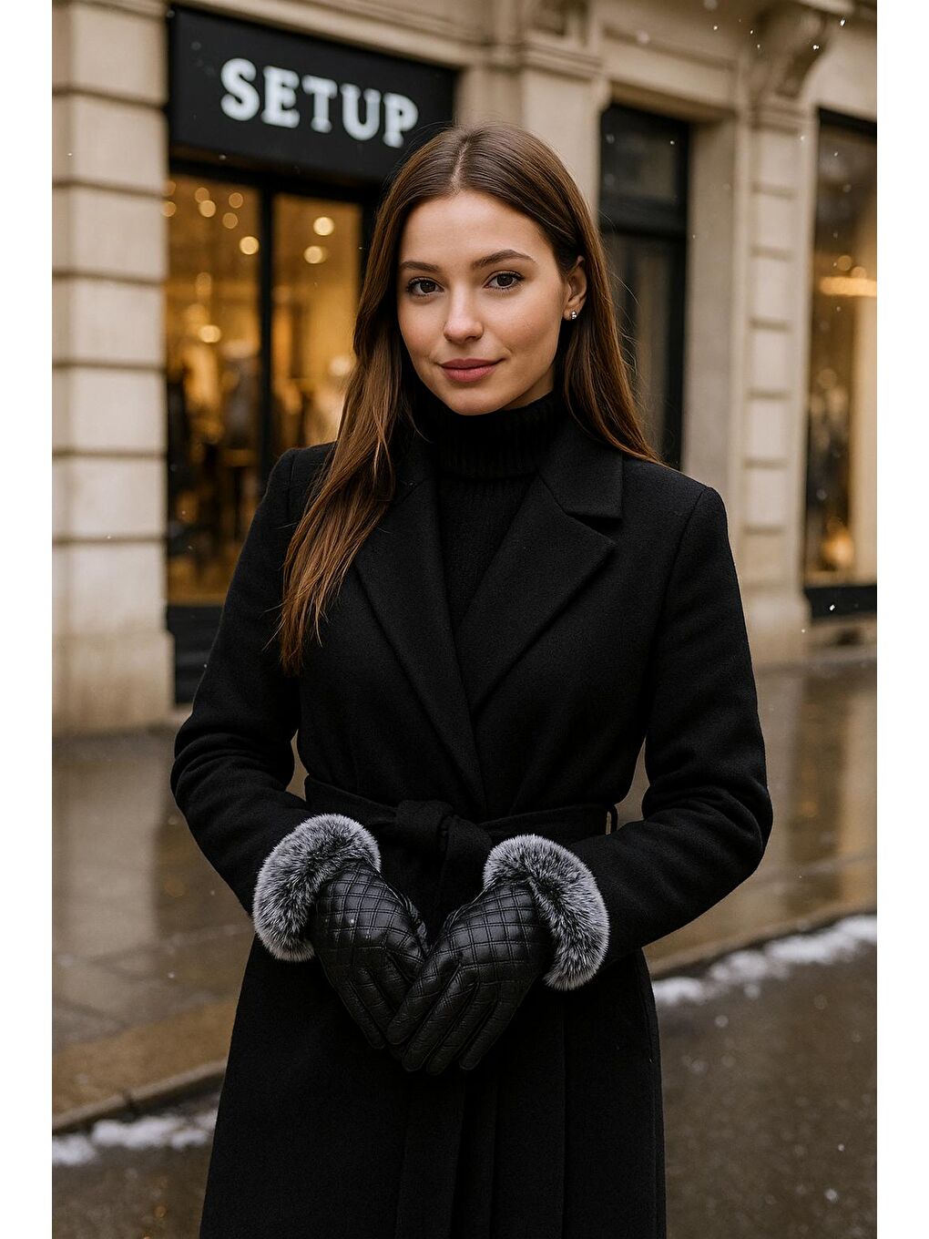 Kadın Deri Kapitone Kürk Detaylı Siyah Eldiven Eld12-1