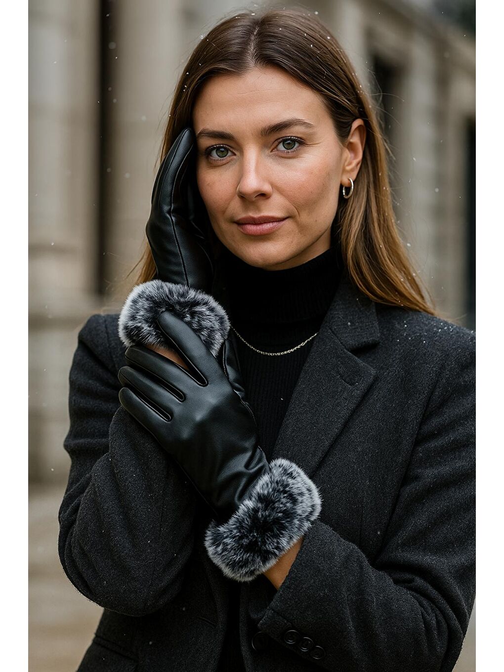 Kadın Siyah Pelüş Detaylı Deri Eldiven ELD19-3