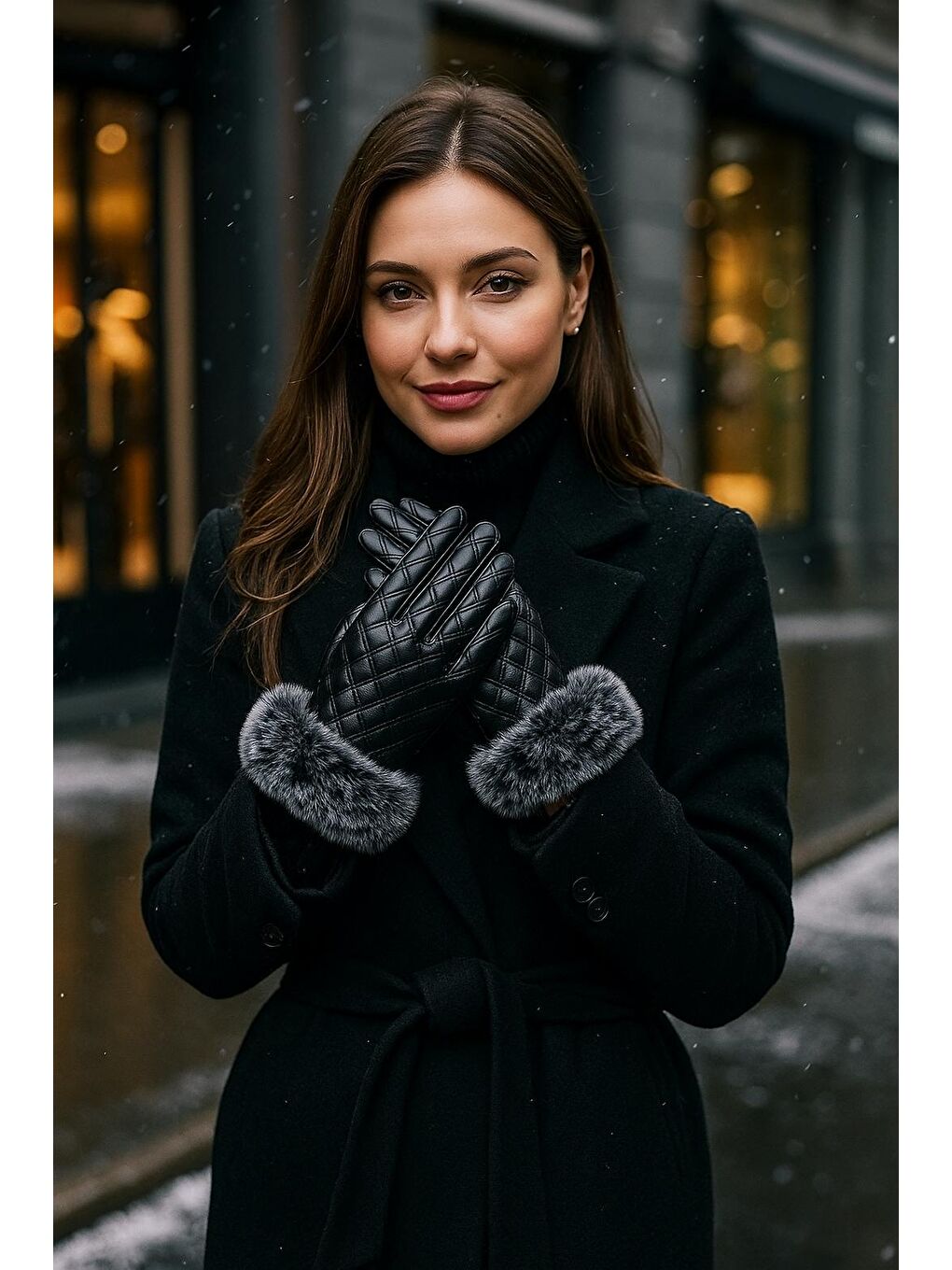 Kadın Deri Kapitone Kürk Detaylı Siyah Eldiven Eld12-2