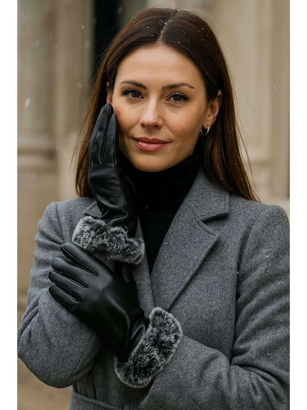 Kadın Siyah Pelüş Detaylı Deri Eldiven ELD19-4