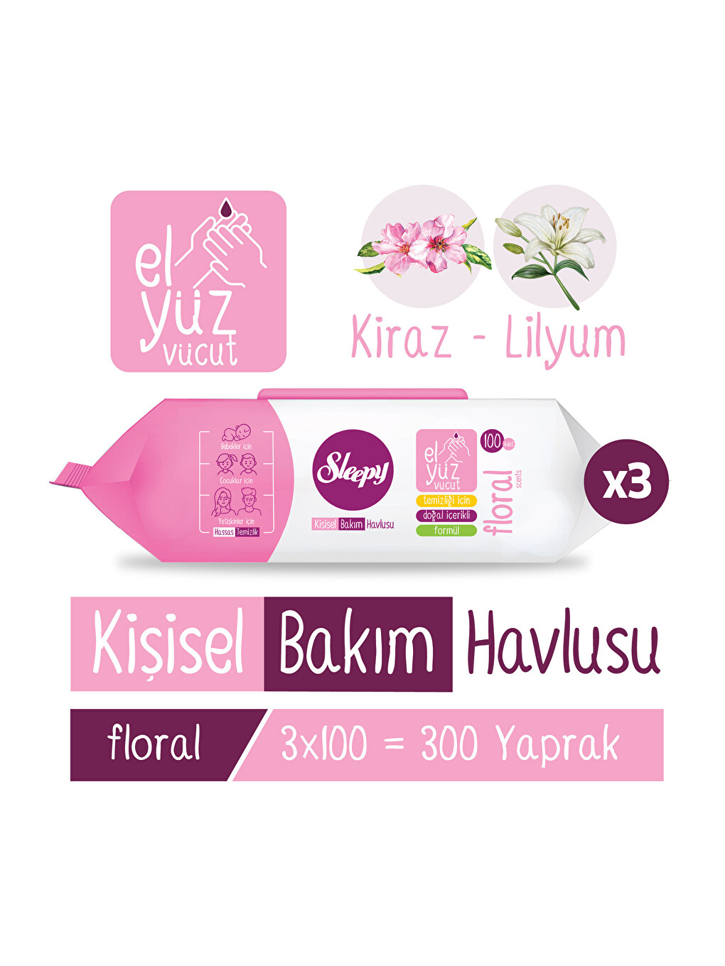 Floral Kişisel Bakım Havlusu 3x100 (300 Yaprak)