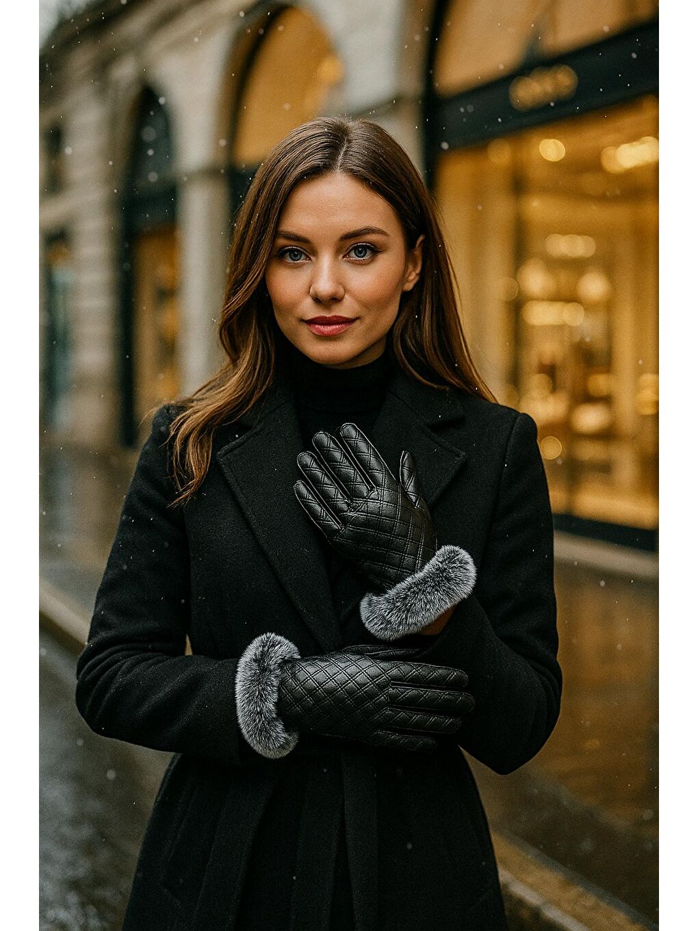 Kadın Deri Kapitone Kürk Detaylı Siyah Eldiven Eld12-4