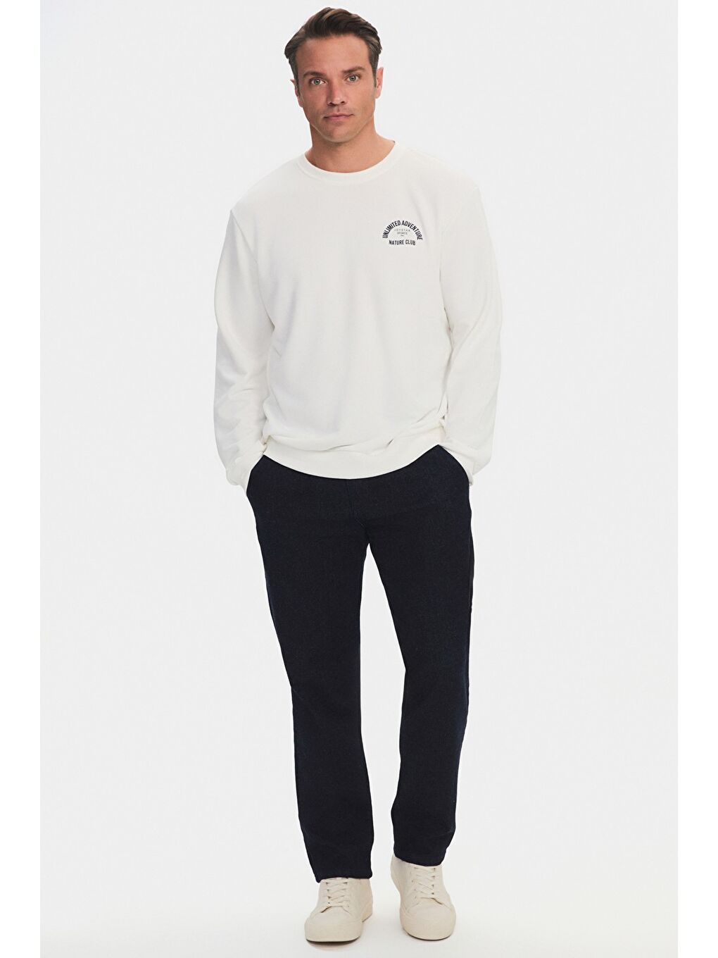 Ekru Bisiklet Yaka Uzun Kollu Baskılı Erkek Sweatshirt-1