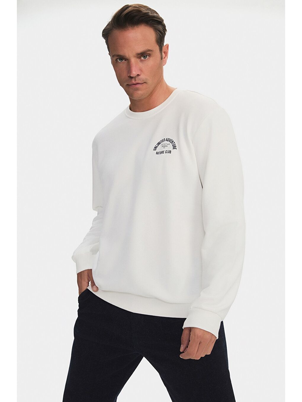 Ekru Bisiklet Yaka Uzun Kollu Baskılı Erkek Sweatshirt-2