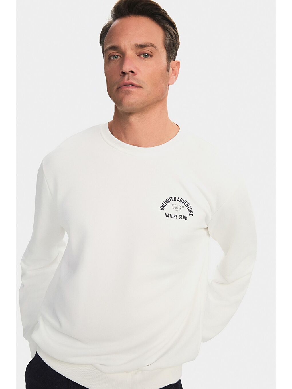 Ekru Bisiklet Yaka Uzun Kollu Baskılı Erkek Sweatshirt-3