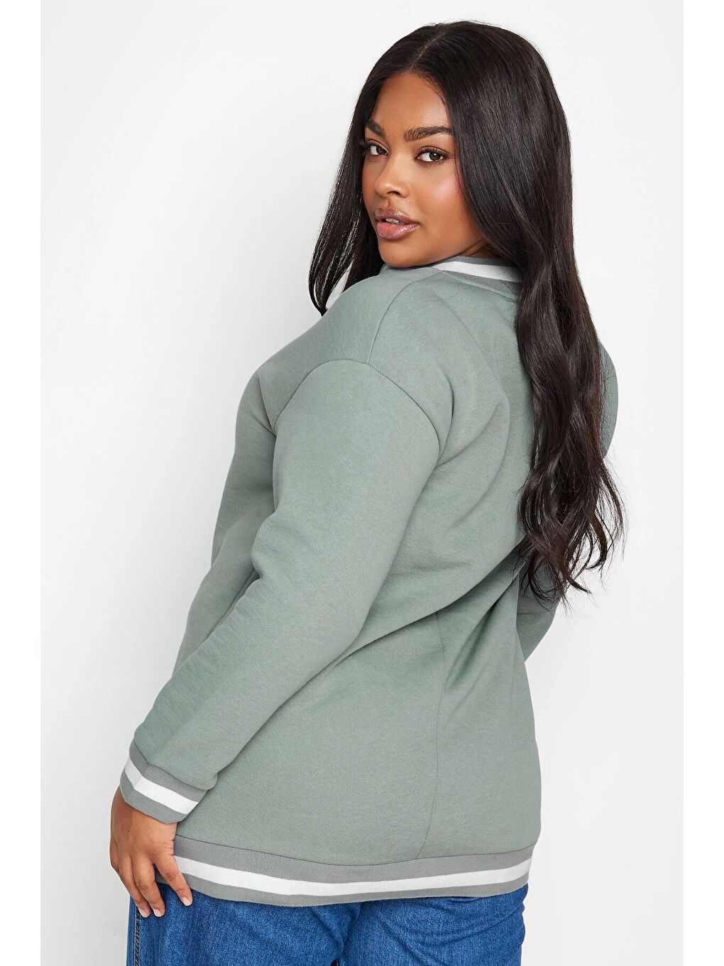 Gri Büyük Beden V Yaka Uzun Kollu Baskılı Şerit Detaylı Sweatshirt 302803-4