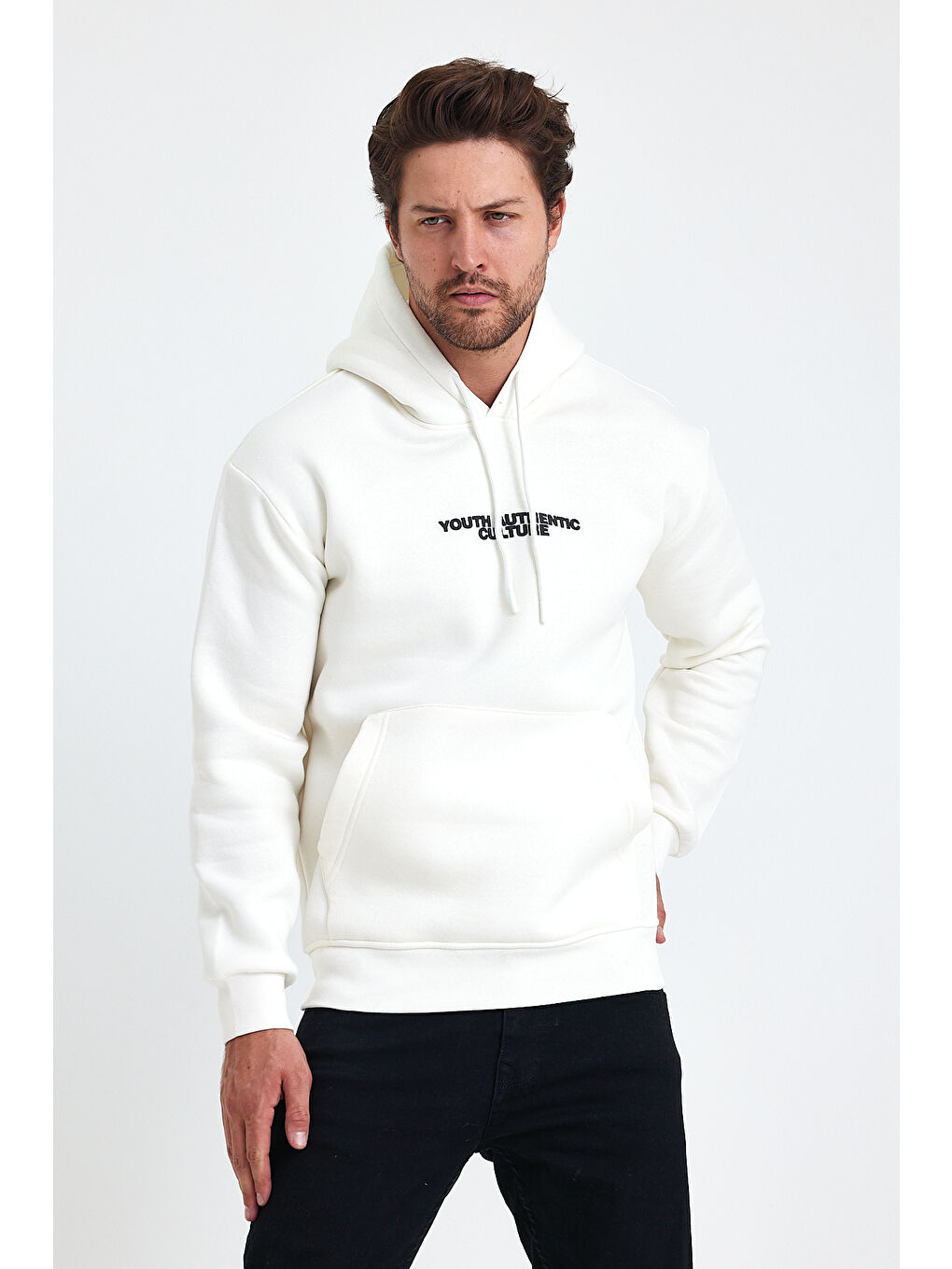 Beyaz Ön Ve Arka Baskılı 3 İplik Şardonlu Kapüşonlu Erkek Hoodie