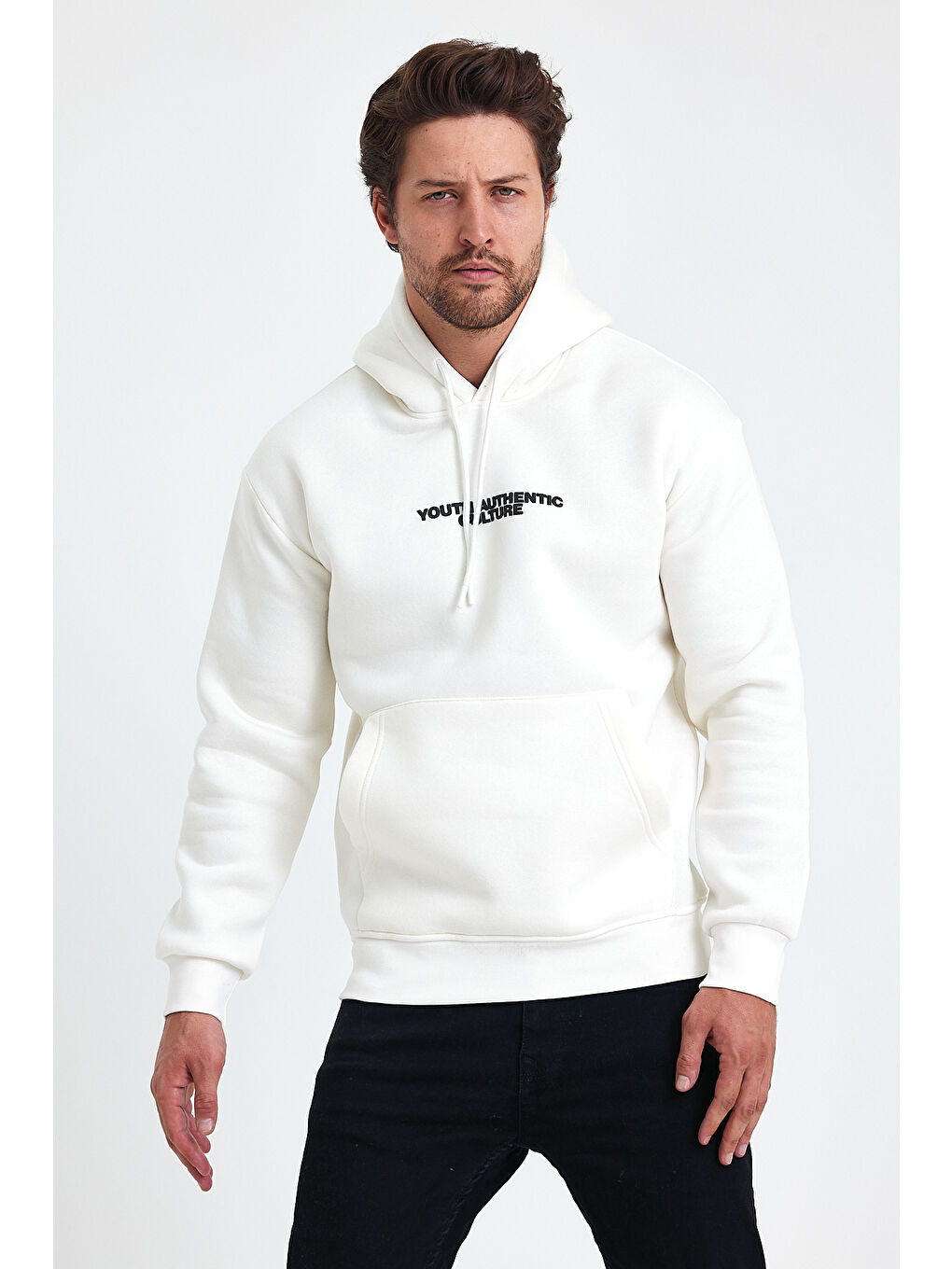 Beyaz Ön Ve Arka Baskılı 3 İplik Şardonlu Kapüşonlu Erkek Hoodie-1