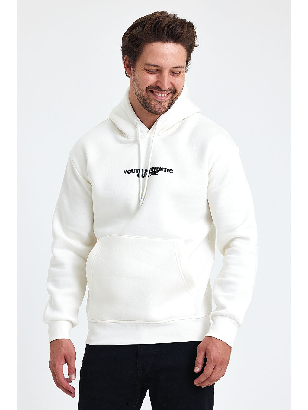 Beyaz Ön Ve Arka Baskılı 3 İplik Şardonlu Kapüşonlu Erkek Hoodie-2