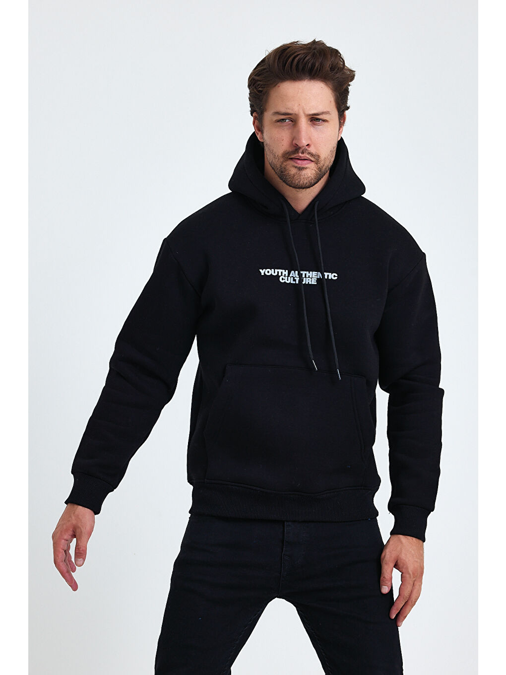Siyah Ön Ve Arka Baskılı 3 İplik Şardonlu Kapüşonlu Erkek Hoodie