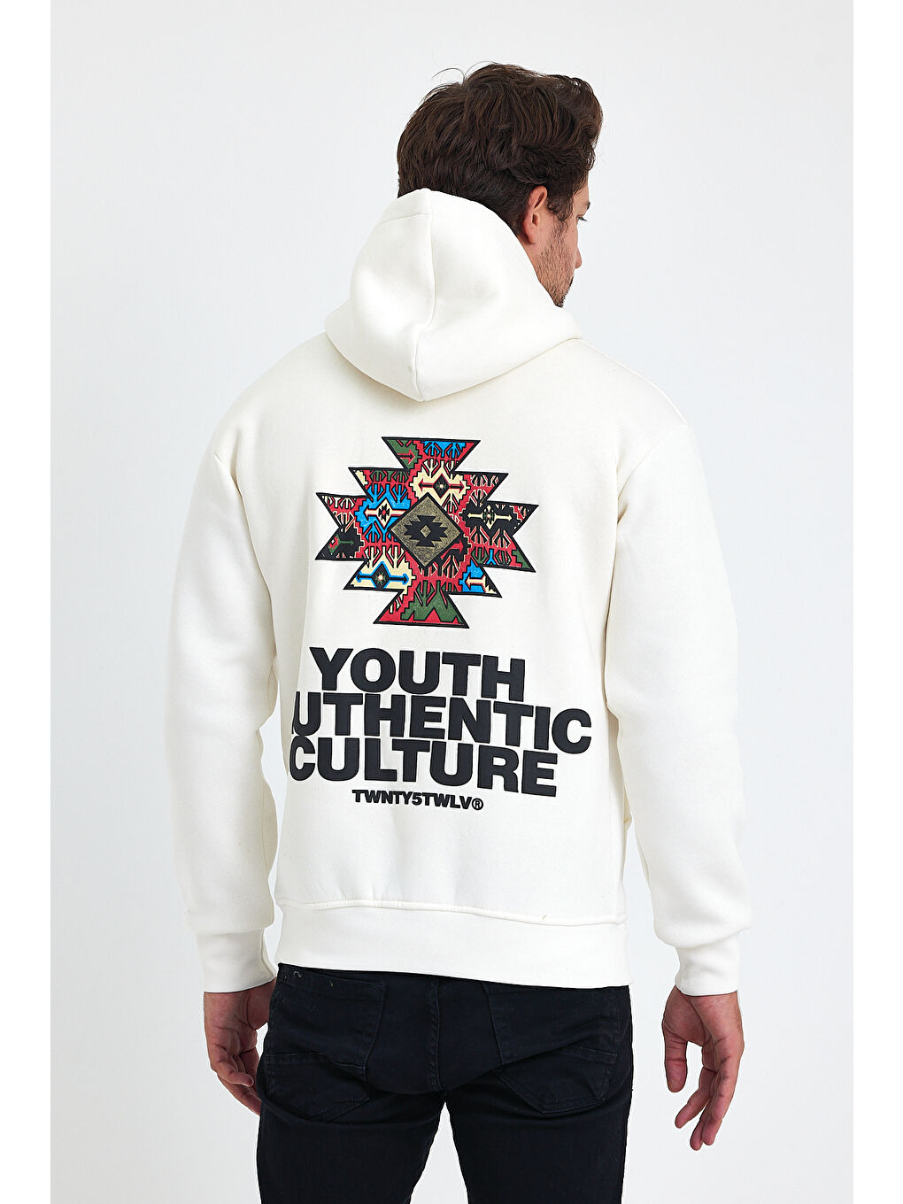 Beyaz Ön Ve Arka Baskılı 3 İplik Şardonlu Kapüşonlu Erkek Hoodie-3