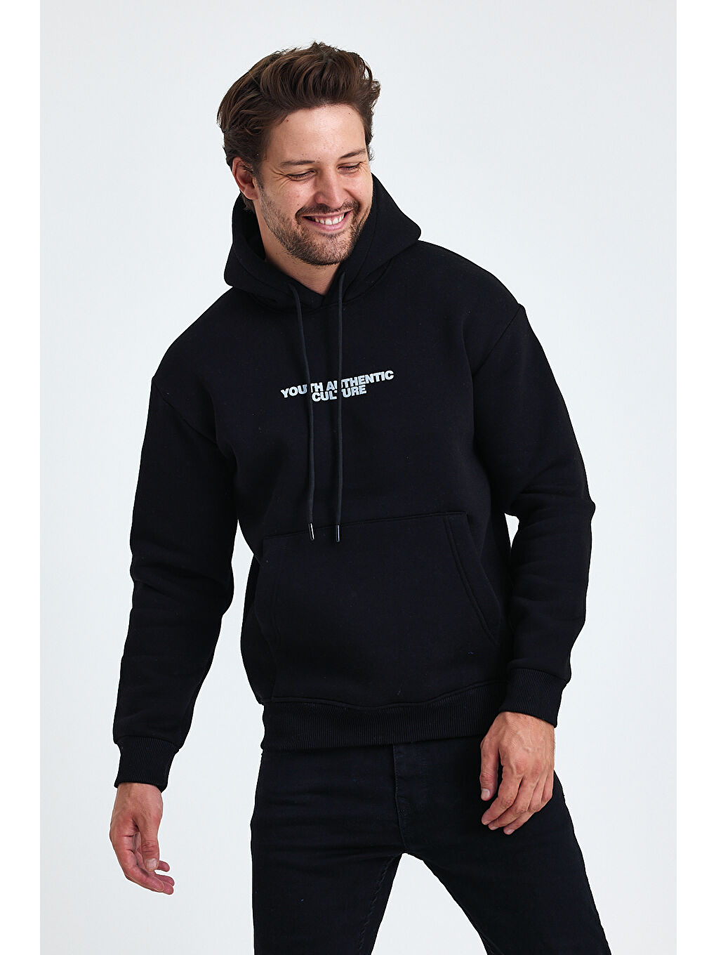 Siyah Ön Ve Arka Baskılı 3 İplik Şardonlu Kapüşonlu Erkek Hoodie-1