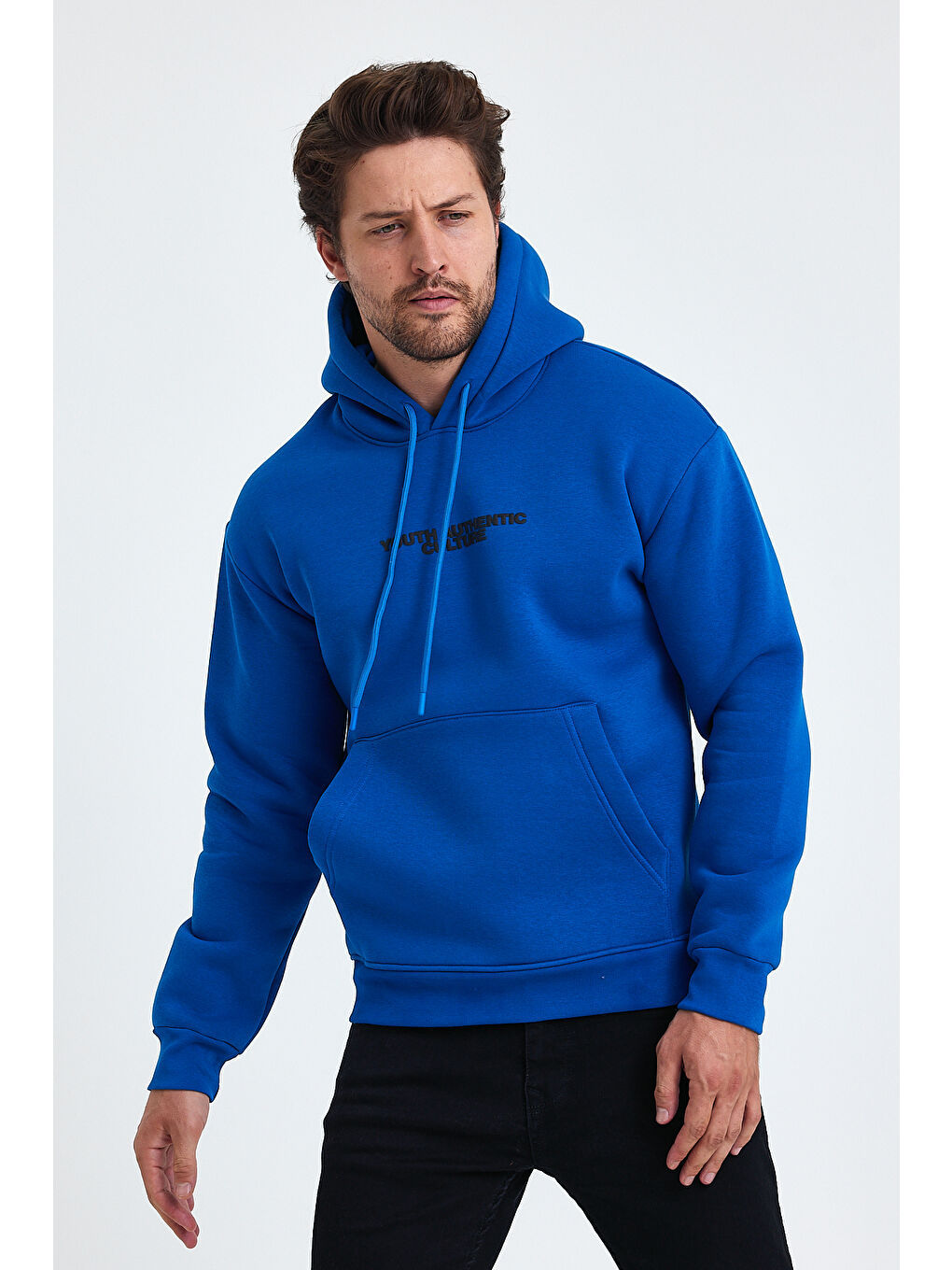 Mavi Ön Ve Arka Baskılı 3 İplik Şardonlu Kapüşonlu Erkek Hoodie-1