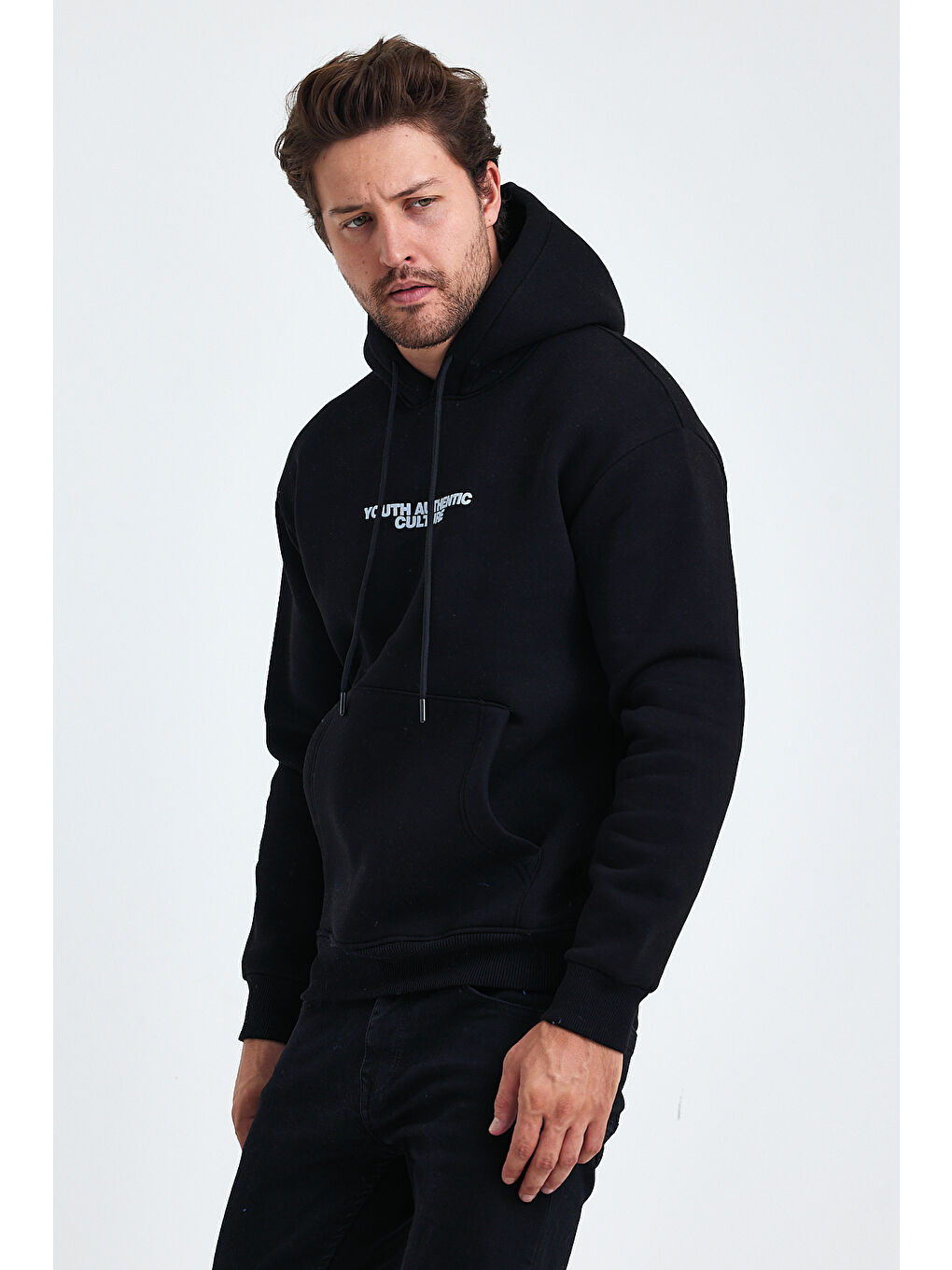 Siyah Ön Ve Arka Baskılı 3 İplik Şardonlu Kapüşonlu Erkek Hoodie-2