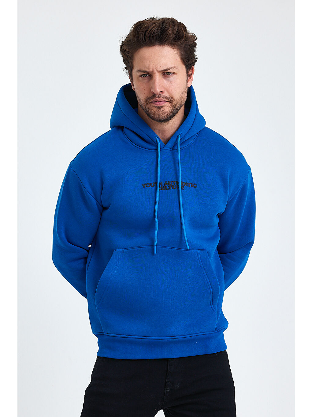 Mavi Ön Ve Arka Baskılı 3 İplik Şardonlu Kapüşonlu Erkek Hoodie-2