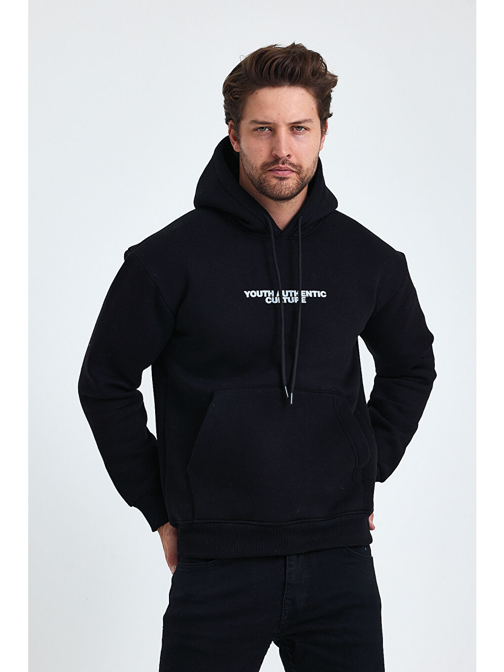 Siyah Ön Ve Arka Baskılı 3 İplik Şardonlu Kapüşonlu Erkek Hoodie-3