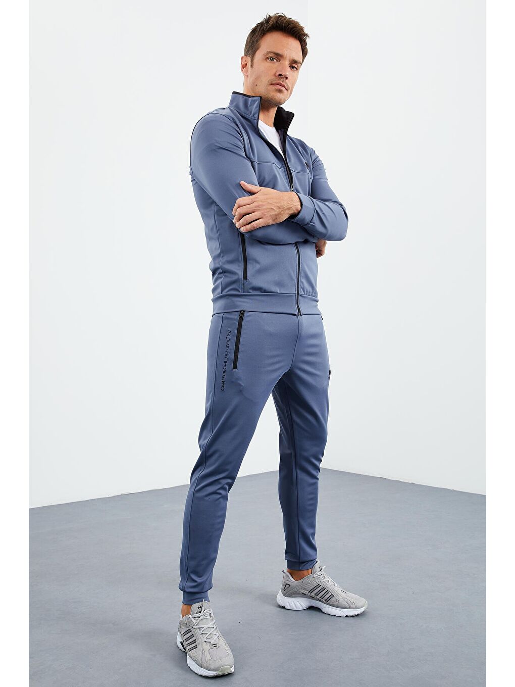 Petrol Dik Yaka Fermuarlı Standart Kalıp Manşetli Erkek Eşofman Takım - 85160-3