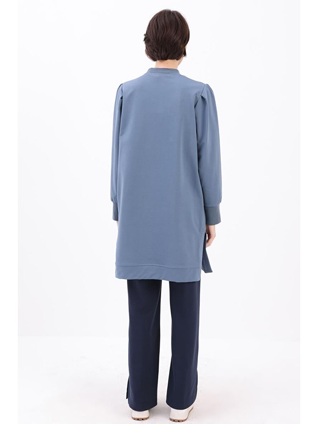 Mavi Omuzları Pileli Yanı Yırtmaçlı Tunik-3