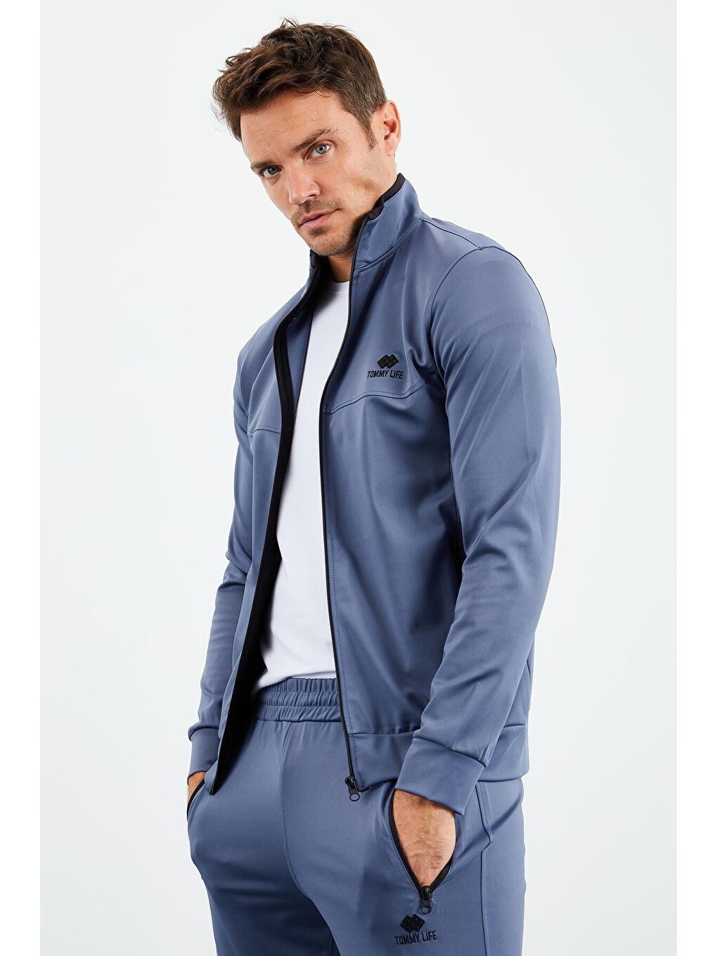 Petrol Dik Yaka Fermuarlı Standart Kalıp Manşetli Erkek Eşofman Takım - 85160-4