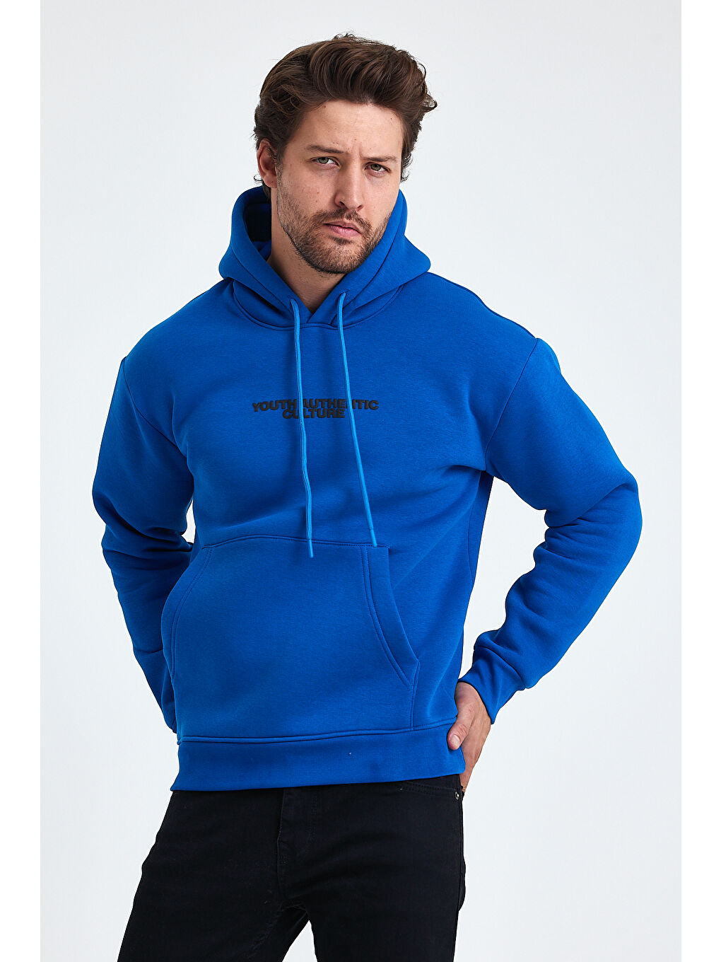 Mavi Ön Ve Arka Baskılı 3 İplik Şardonlu Kapüşonlu Erkek Hoodie-3