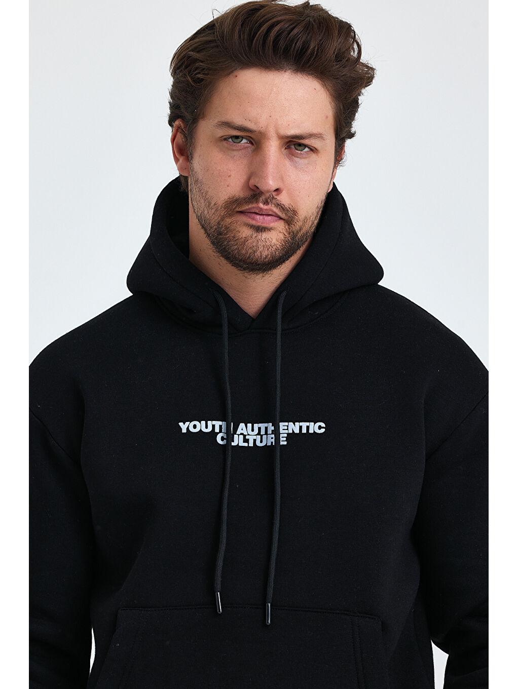 Siyah Ön Ve Arka Baskılı 3 İplik Şardonlu Kapüşonlu Erkek Hoodie-4