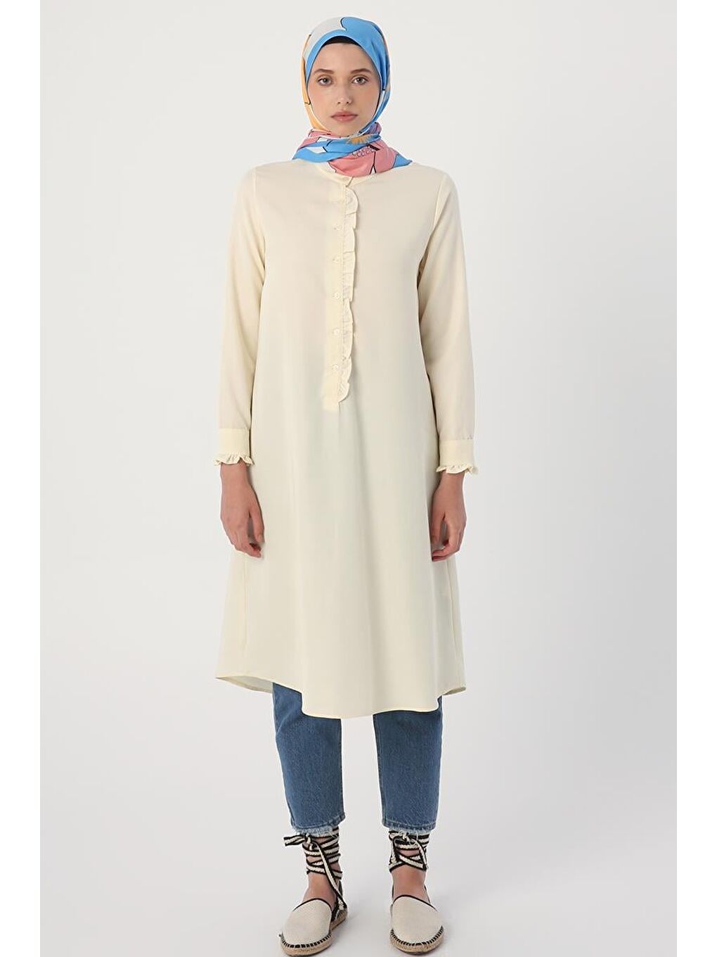 Ekru-Fırfır Detaylı Tunik-1