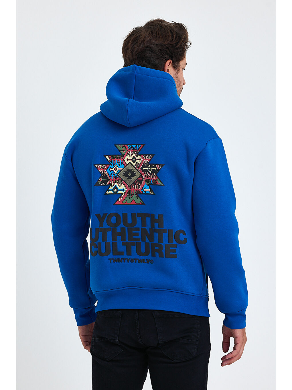 Mavi Ön Ve Arka Baskılı 3 İplik Şardonlu Kapüşonlu Erkek Hoodie-4