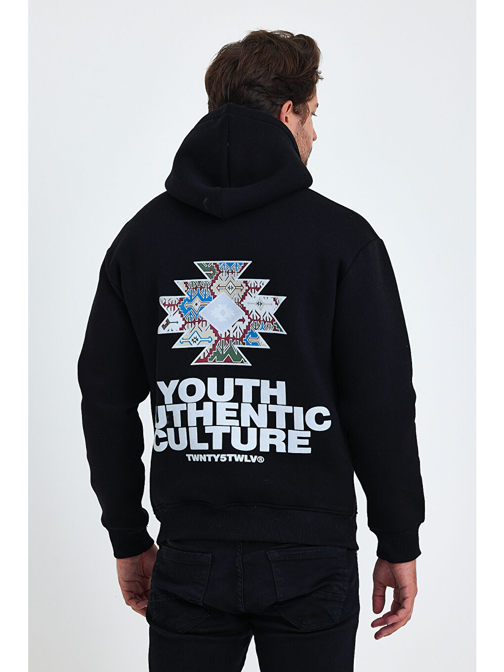 Siyah Ön Ve Arka Baskılı 3 İplik Şardonlu Kapüşonlu Erkek Hoodie-5