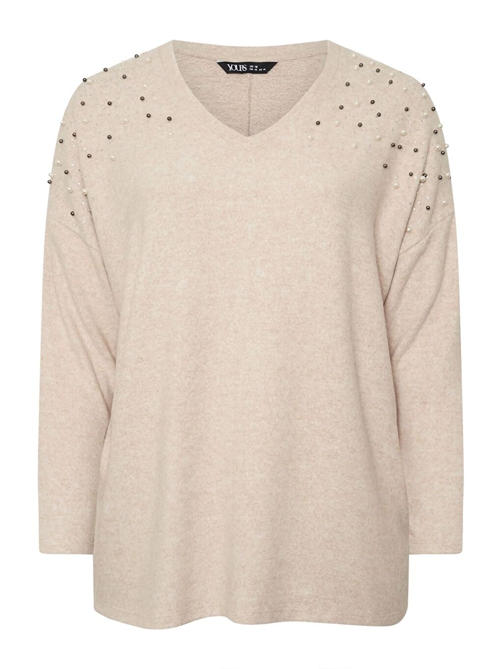 Bej Büyük Beden V Yaka Uzun Kollu Omzu Boncuk İşlemeli Kazak 322301-6